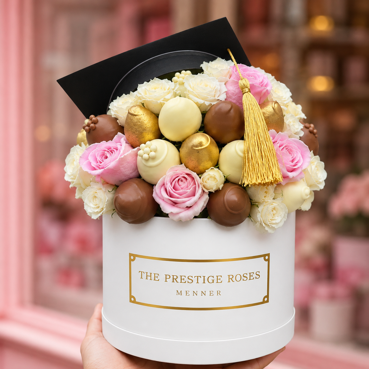 caja blanca con rosas y fresas bañadas en chocolate para graduación en Madrid