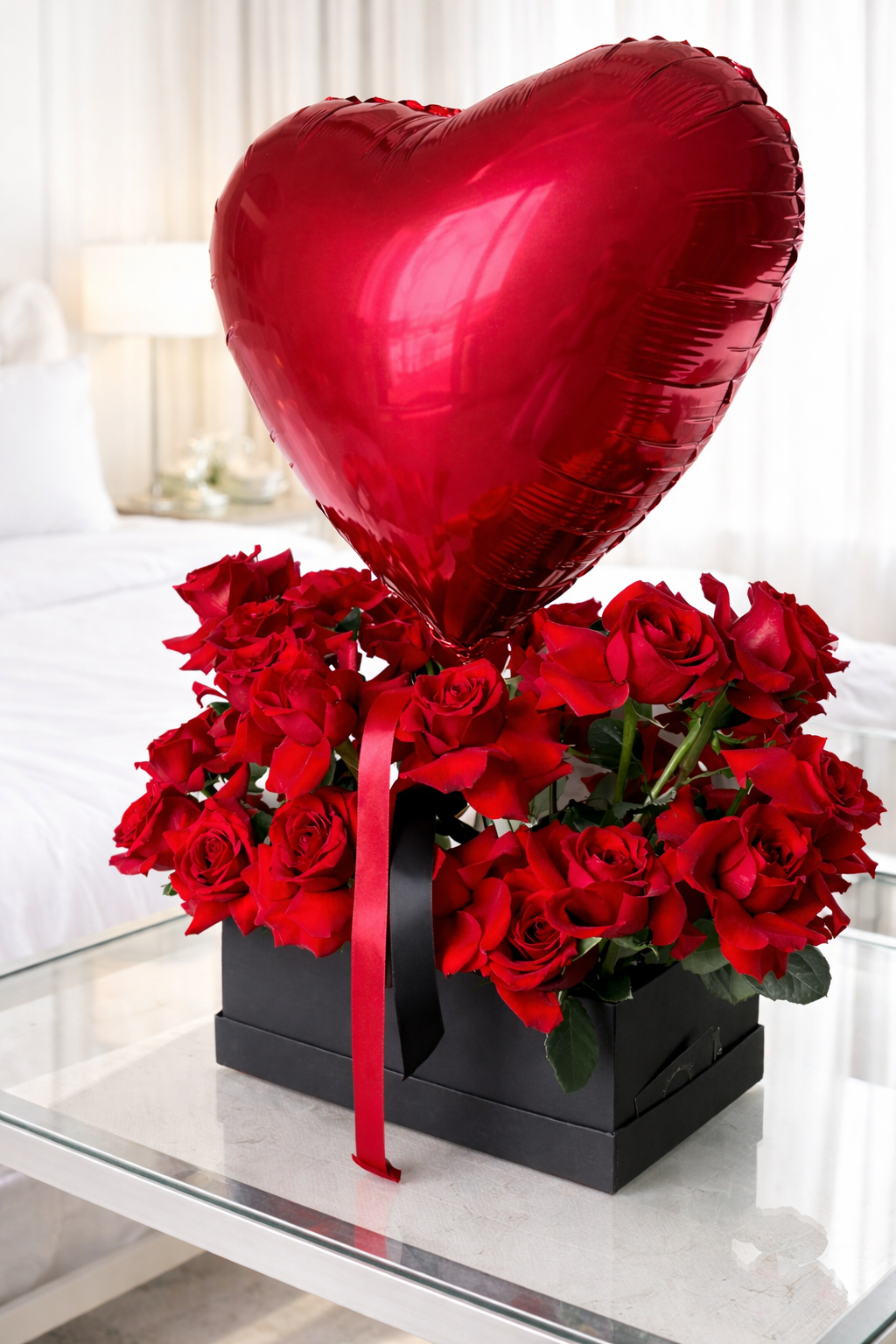 Caja de rosas rojas con globo corazón sobre mesa de cristal en habitación de hotel