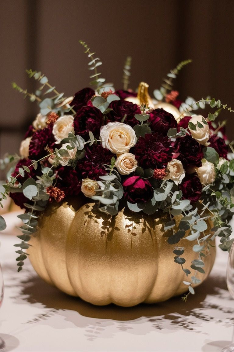 Calabaza dorada con rosas crema y eucalipto, centro de mesa de lujo.