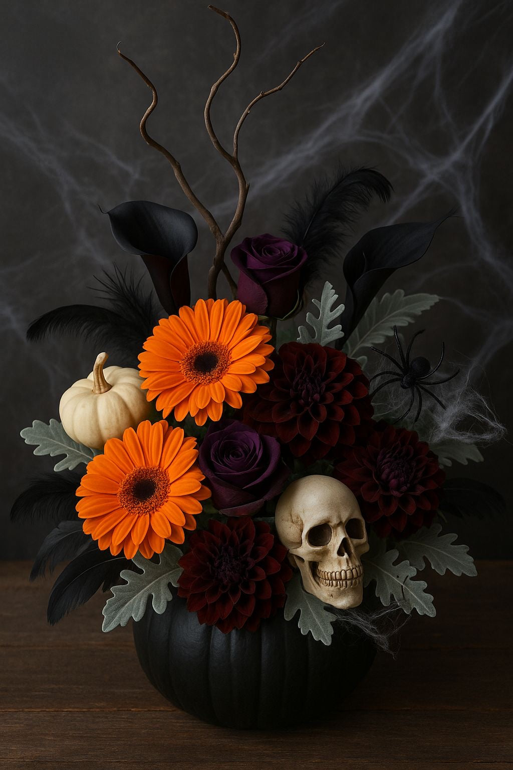 Arreglo floral Halloween con calabaza negra, gerberas naranjas y detalles decorativos.