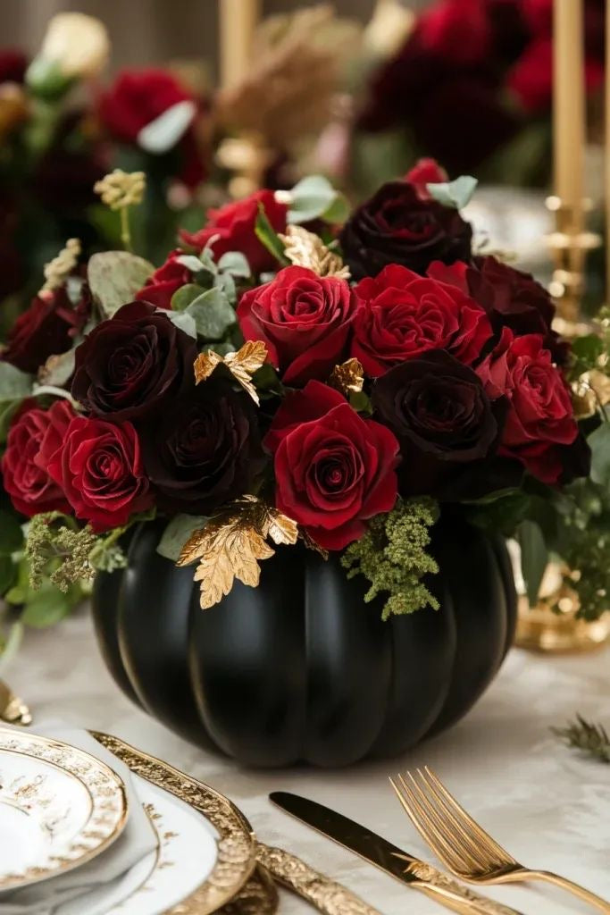 Calabaza negra con rosas rojas, flores oscuras y detalles góticos para Halloween