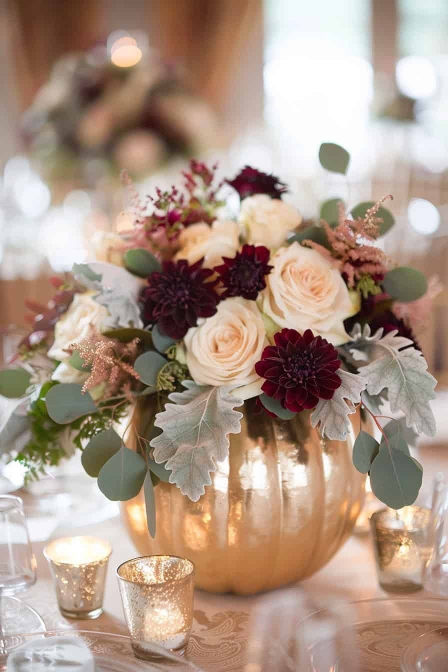 Centro de mesa floral en calabaza dorada con flores naturales y hojas plateadas.