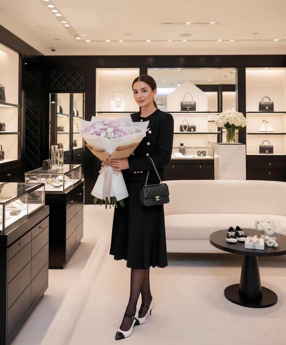 Ramo de margaritas blancas y rosas envuelto en papel rosa con lazo de cinta, sostenido por una mujer – The Prestige Roses Madrid