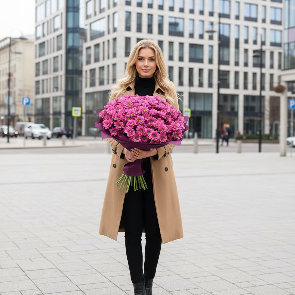 Ramo grande de margaritas fucsias envuelto en papel lila, sostenido por florista – The Prestige Roses Madrid