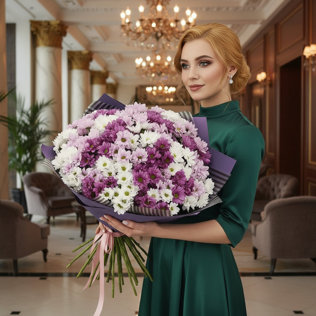 Ramo grande de margaritas rosas y blancas envuelto en papel lila, sostenido por una mujer – The Prestige Roses Madrid