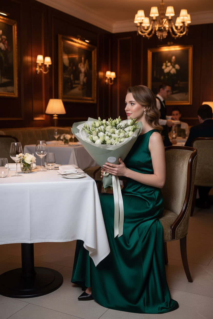 Ramo de lisianthus blancos frescos envuelto en papel verde menta con cinta elegante – The Prestige Roses Madrid