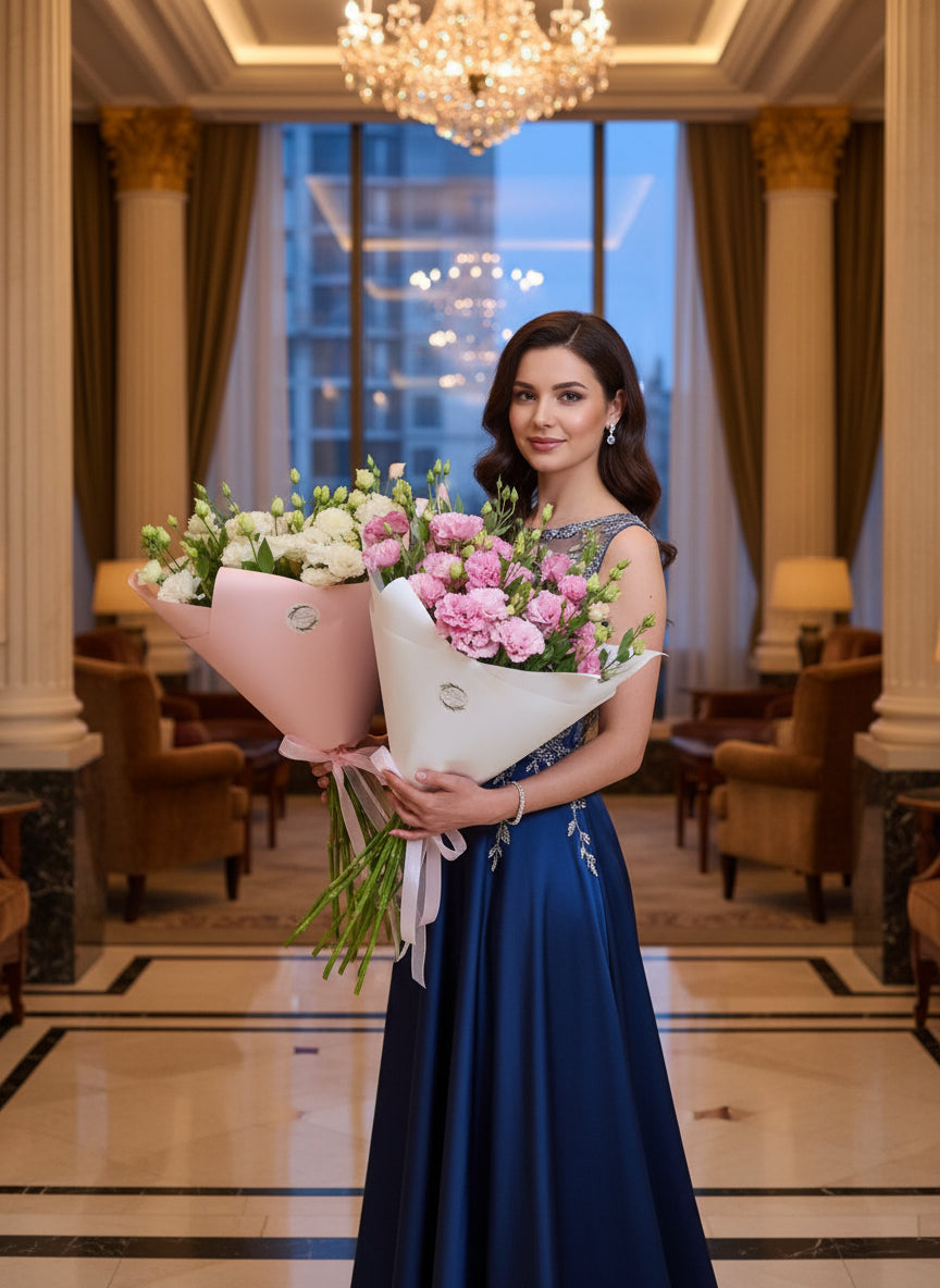 Ramos de lisianthus blancos y rosas envueltos en papel elegante con lazos de cinta, sostenidos por una persona – The Prestige Roses Madrid