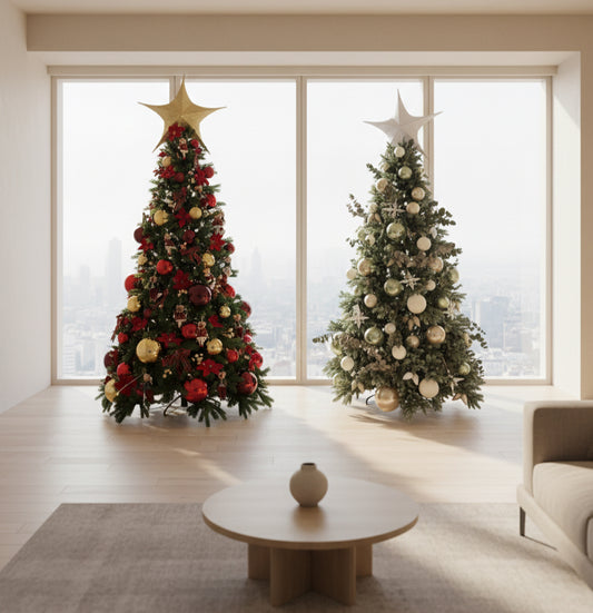 Dos árboles de Navidad de lujo decorados a mano: uno en tonos rojo y dorado clásico, y otro en verde con adornos champagne y blancos. Creaciones exclusivas de The Prestige Roses Madrid.