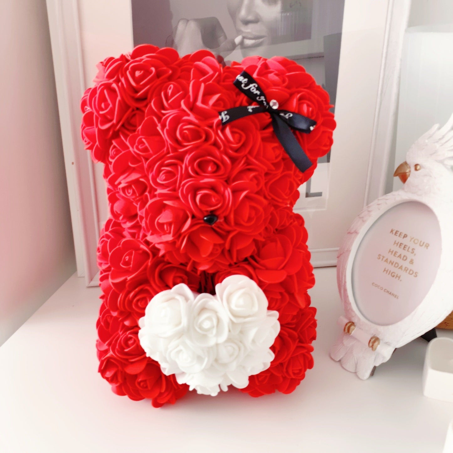 Oso de Rosas pequeño Rojo Con Corazon Blanco - The Prestige Roses - The Prestige Roses Madrid