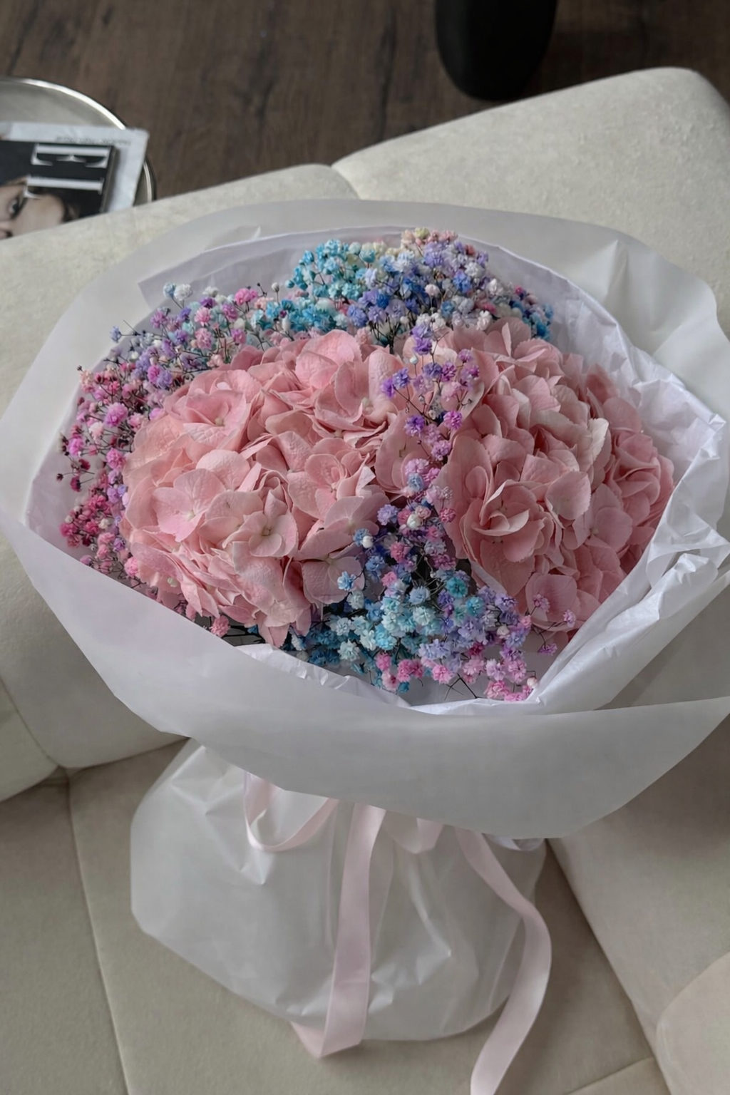 bouquet de hortensias rosadas con flores frescas pastel ramo elegante