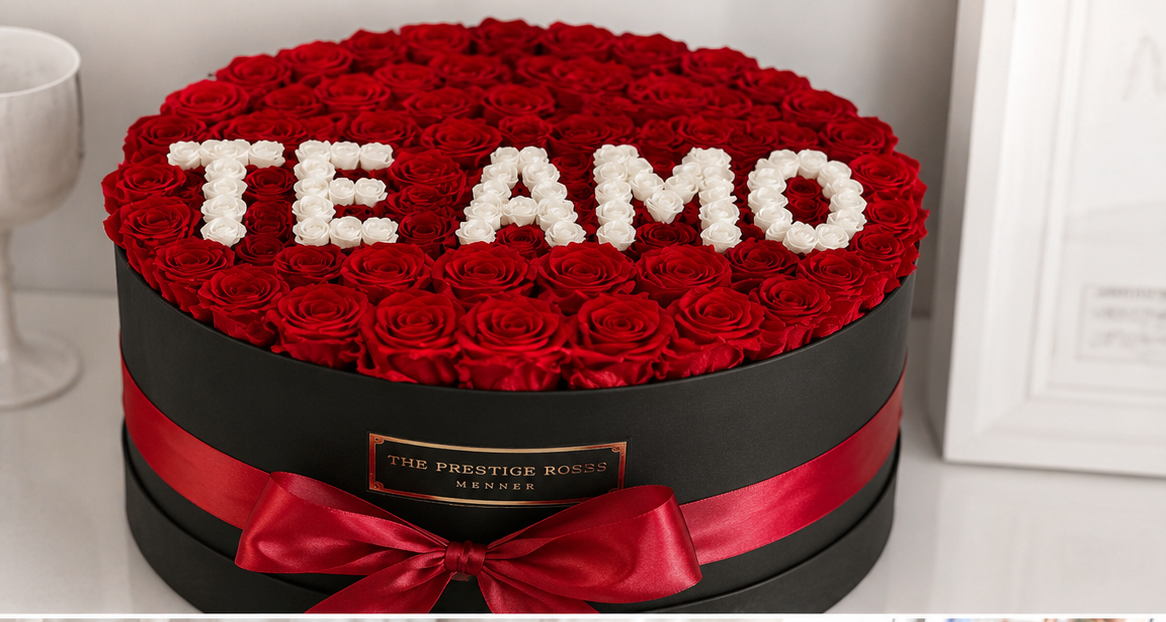 Caja romántico de rosas rojas con el mensaje TE AMO realizado con rosas blancas para regalar en aniversarios y ocasiones especiales.