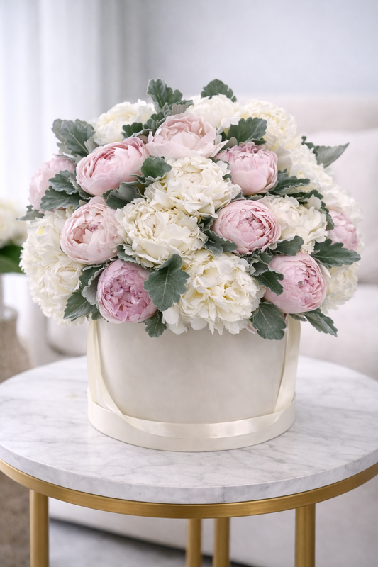 caja de peonías con verde elegante Madrid