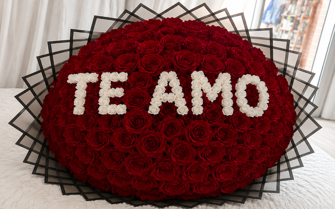 Ramo  lujo de rosas frescas con mensaje TE AMO elaborado con rosas blancas sobre rosas rojas Premium.