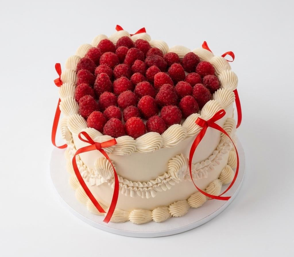 Deliciosa tarta en forma de corazón decorada con frambuesas frescas, crema suave y elegantes lazos rojos. Un regalo dulce y romántico ideal para cumpleaños, aniversarios, San Valentín o cualquier ocasión especial en Madrid.