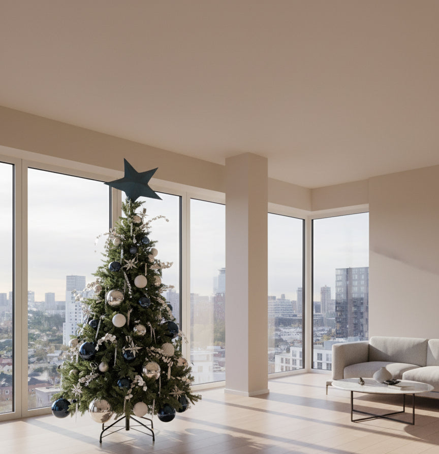 Árbol de Navidad decorado en tonos azul navy y plata, con estrella azul de terciopelo y adornos brillantes. Diseño de lujo de The Prestige Roses Madrid.
