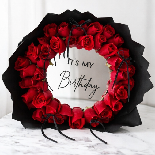 Bouquet circular de rosas rojas con espejo personalizado en Madrid