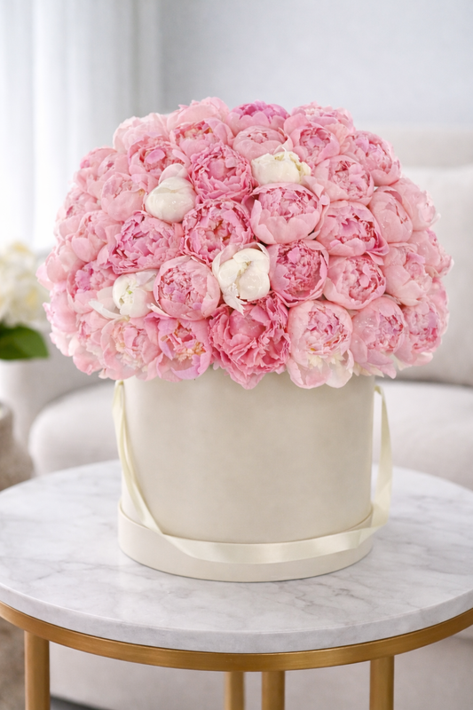 Detalle de caja de peonías rosadas premium en box de lujo sobre mesa elegante en Madrid