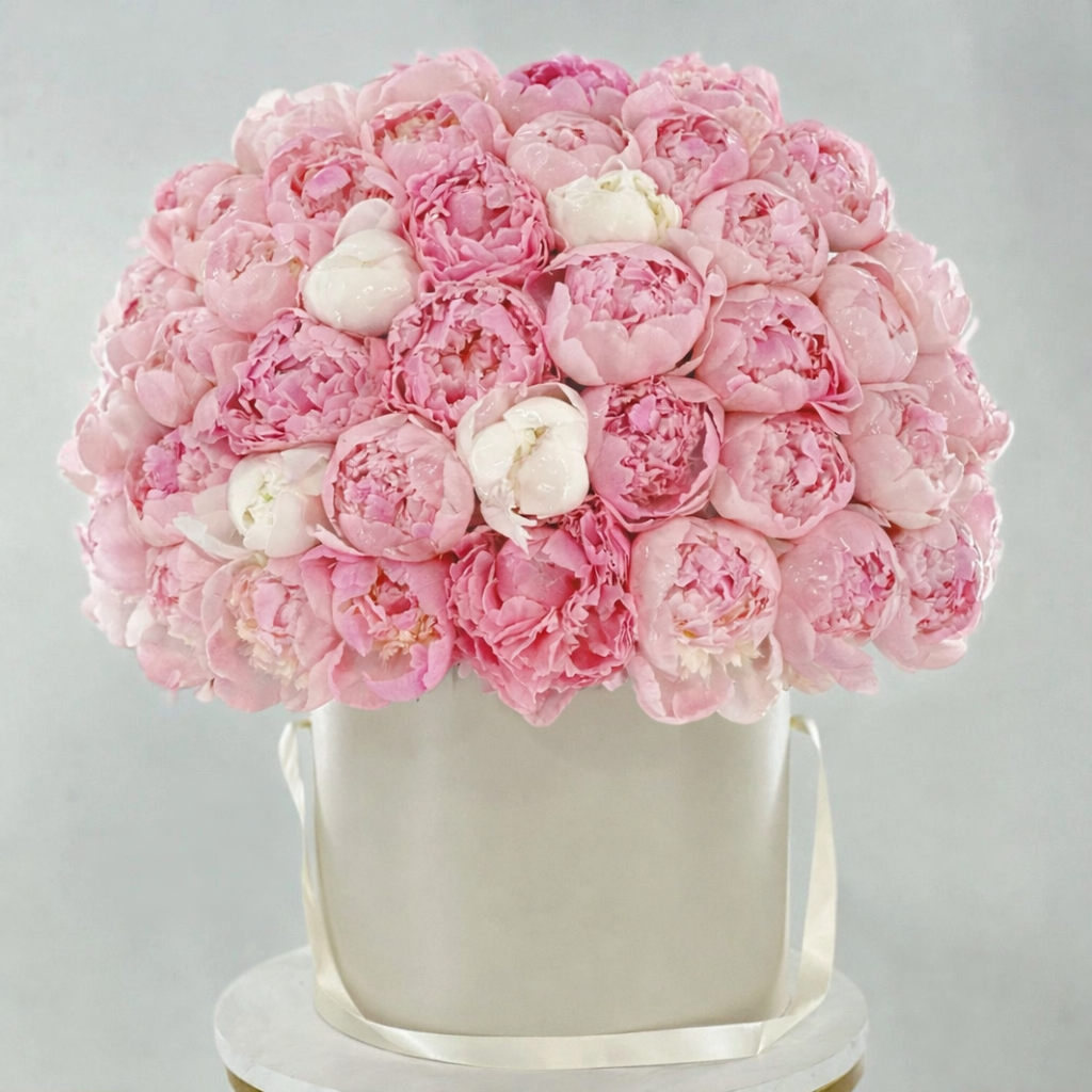 Caja de peonías rosadas premium en box de lujo elegante con flores frescas en Madrid