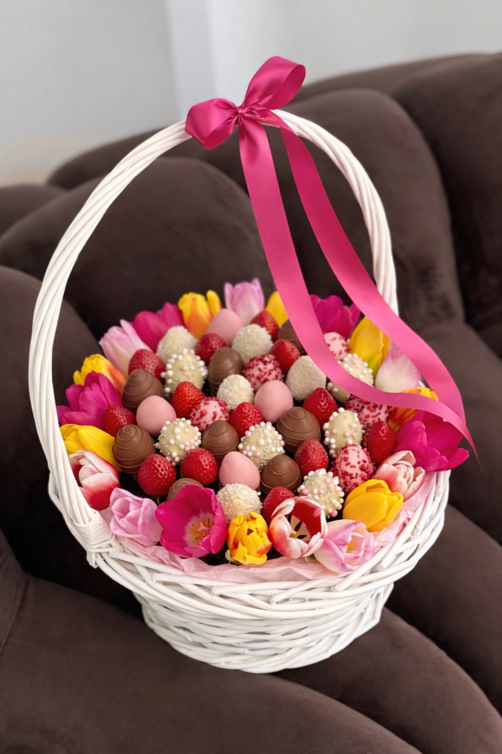 Cesta gourmet de fresas bañadas en chocolate con tulipanes frescos y bombones decorativos