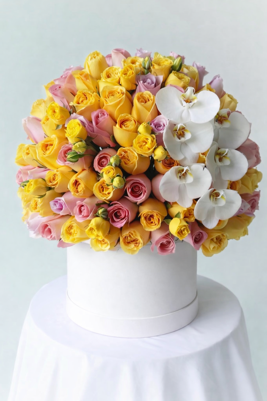 Flower box premium con rosas amarillas, spray roses y orquídea phalaenopsis en caja blanca elegante