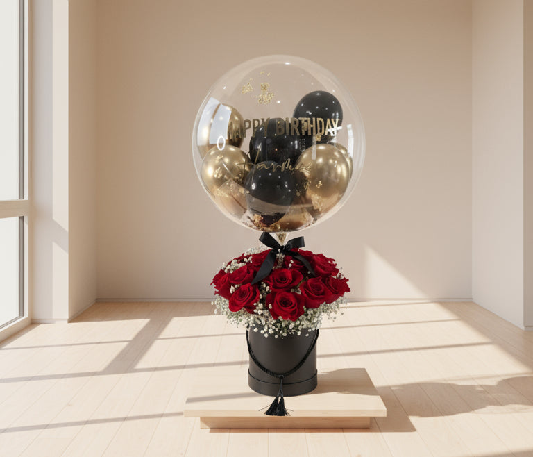 Arreglo de rosas rojas con globo transparente personalizado / Luxury red rose balloon box gift