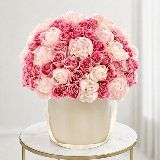 caja de peonías y rosas rosadas de lujo