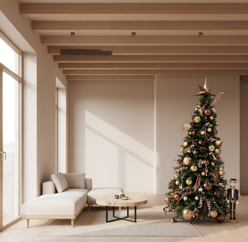 Árbol de Navidad decorado en tonos cobre, oro rosado y champagne con adornos brillantes, hojas metálicas y estrella superior color burdeos. Diseño exclusivo de lujo por The Prestige Roses Madrid.