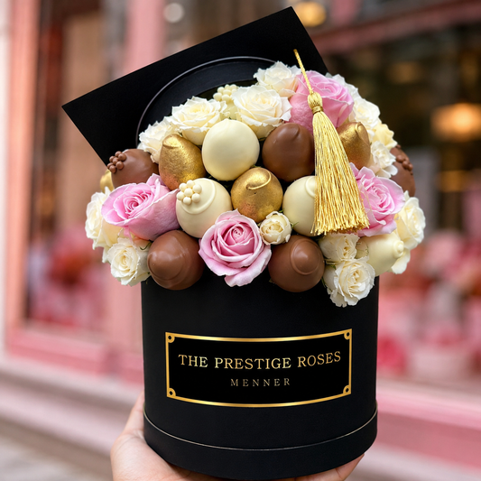 regalo de graduación premium con rosas blancas y chocolates elegantes The Prestige Roses